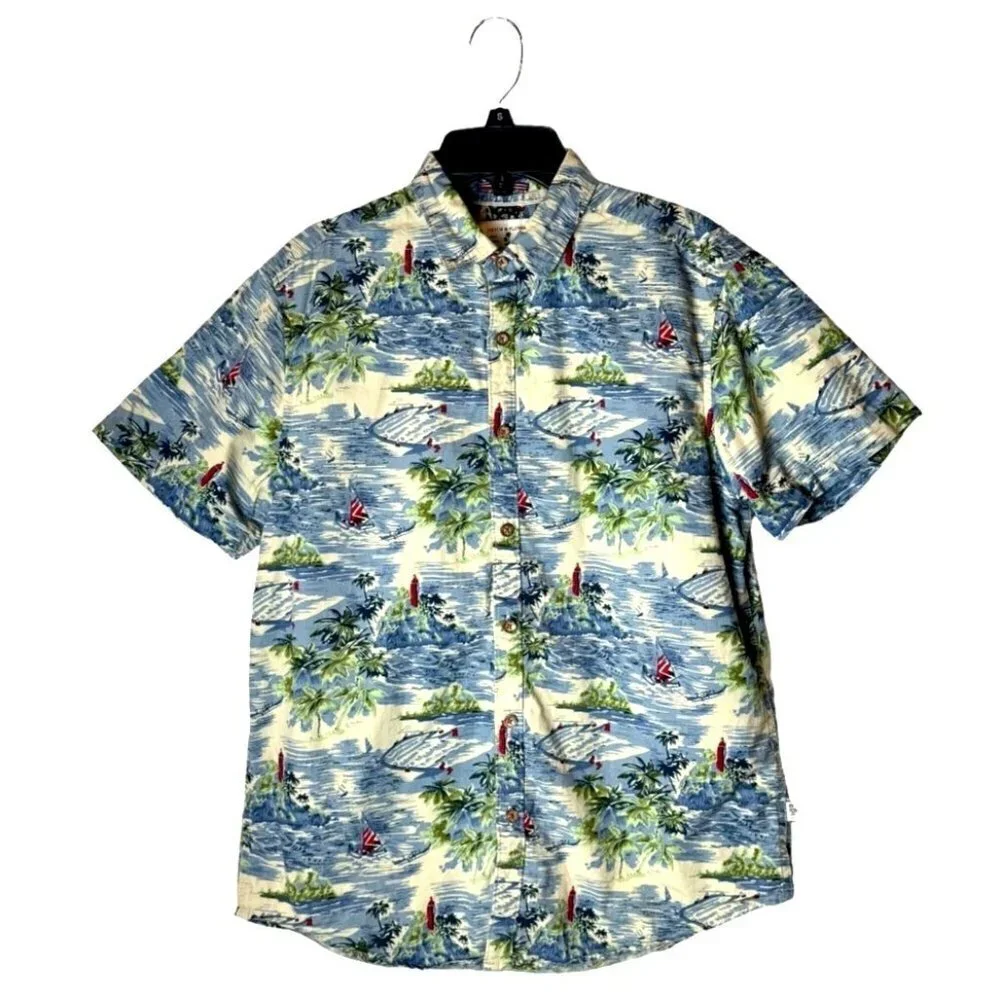 Denim & Flower Blue And Green Slim Fit Cotton Hawaiian Button Front Shirt Size M